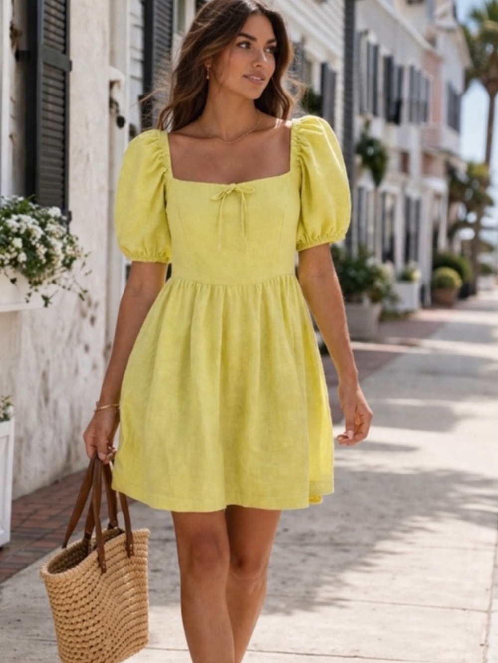 Camila Coelho Linen Blend Puff Sleeve Babydoll Dress Yellow
Chartreuse